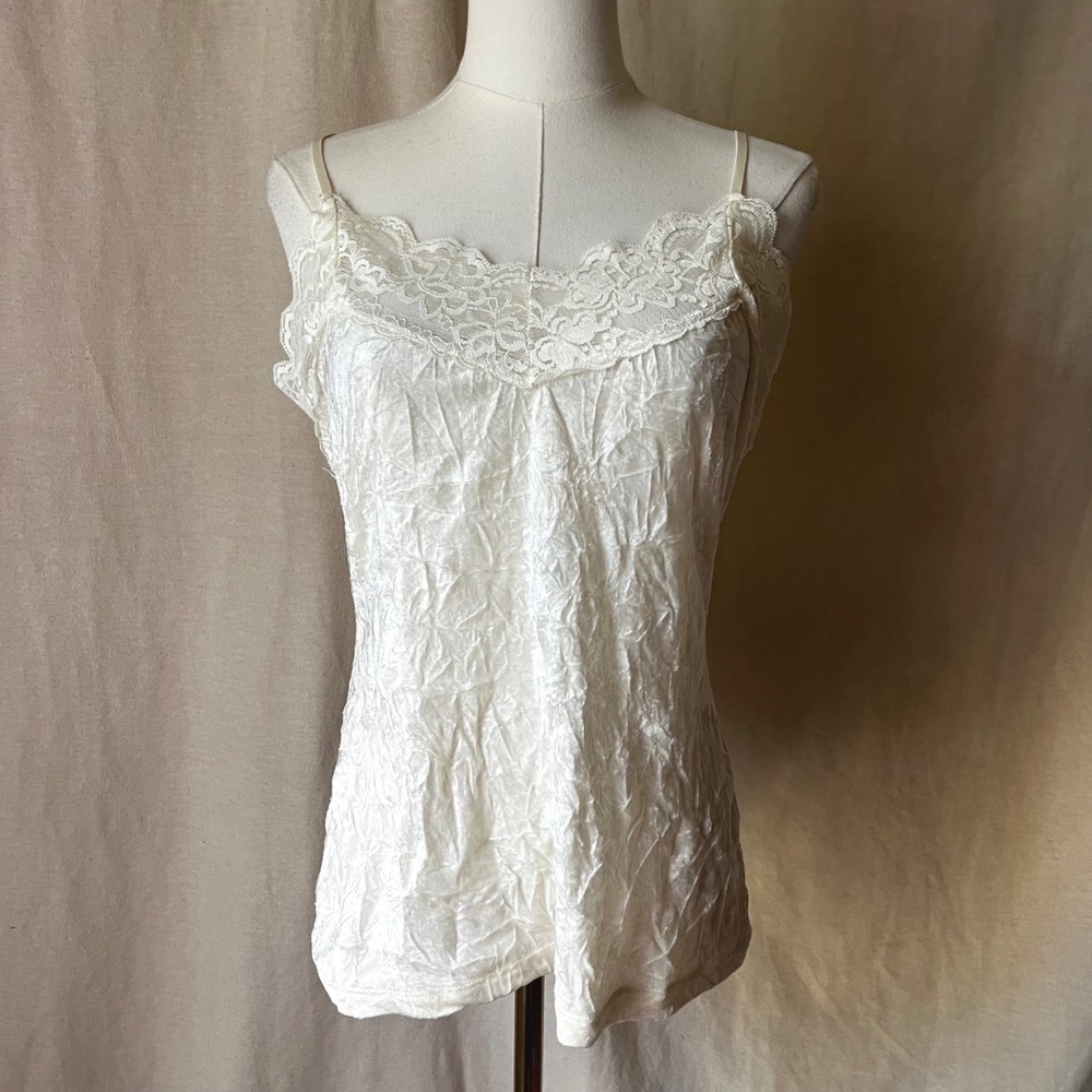 Vintage Charlotte Russe Ivory Crushed Velvet Lace Camisole Top Y2K L